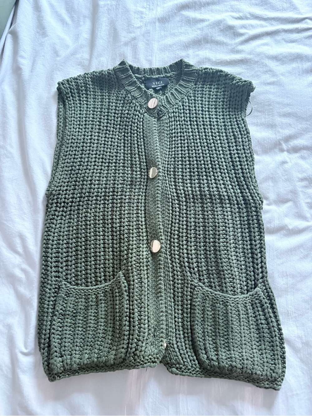 VICI Olive Green Knit Buttoned Sleeveless Cardigan